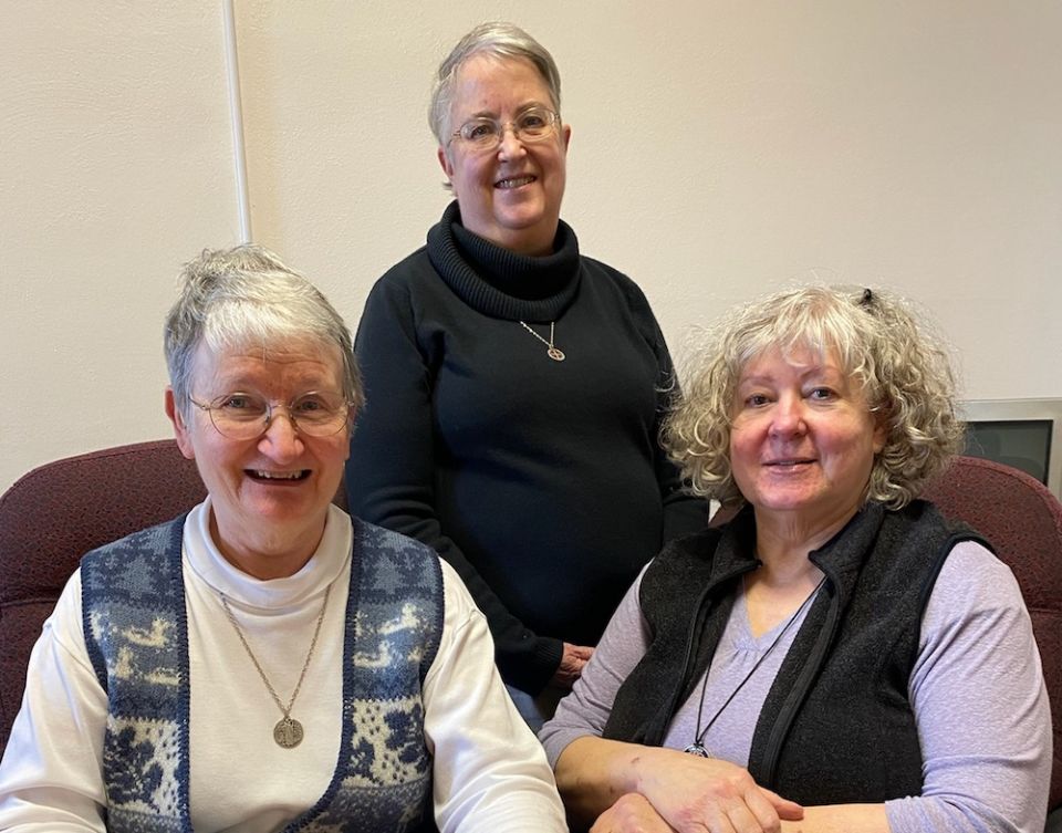 Benedictine Sr. Mary Forman, left, prioress of the Monastery of St. Gertrude, Cottonwood, Idaho, with Sr. Teresa Jackson, coordinator for the Benedictine Cohousing Companions, and Oblate Jo-Anne Zimmer, volunteer coordinator of the monastery's renovation 