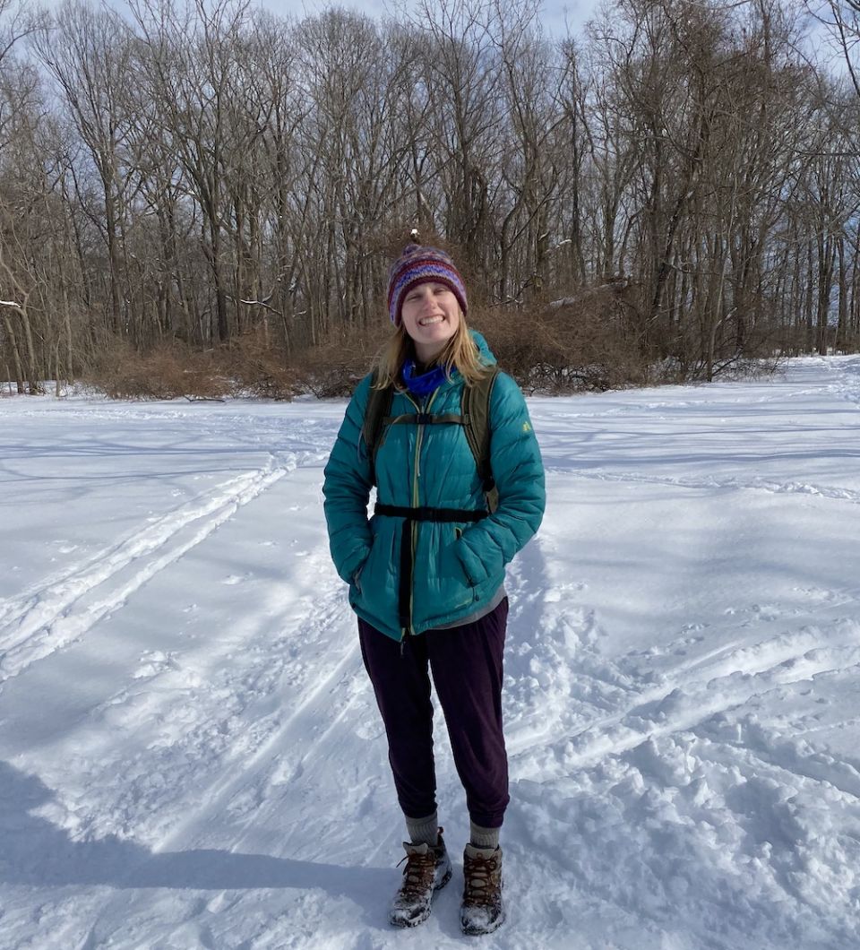 Taking advantage of the slightly warmer weather and sunshine while enjoying a hike Feb. 20 along the trails in a nearby park in New Jersey (Courtesy of Christina Hardebeck) Maddie Thompson standing outside in the snow