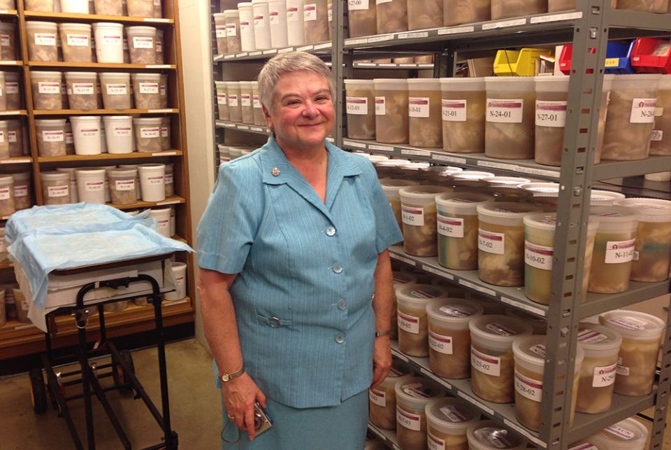 Sr. Charlene Zeisset, a School Sister of Notre Dame and a physician, is the current liaison to the ongoing work of the so-called "Nun Study." Here she is pictured standing in a room filled with the donated brains of other SSND sisters. Zeisset said she kn Sr. Charlene Zeisset, a School Sister of Notre Dame and a physician, is the current liaison to the ongoing work of the so-called "Nun Study." Here she is pictured standing in a room filled with the donated brains of other SSND sisters. Zeisset said she kn