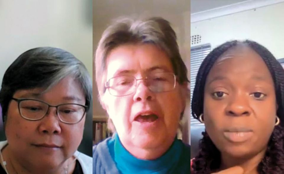 Panelists assessing the outcome of the recent COP26 summit included Lindlyn Moma, Sr. Marvie Misolas and Sr. Kate Midgley. (Screenshot/Chris Herlinger)