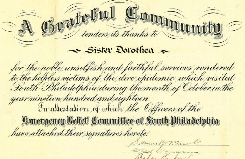 A certificate thanks Immaculate Heart of Mary Sister Dorothea for her service during the 1918 "dire epidemic." (Courtesy of the Immaculata, Pennsylvania, branch of the Immaculate Heart of Mary sisters)