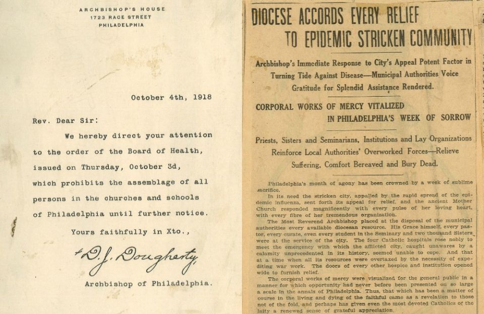 Left: Philadelphia Archbishop Dennis Joseph Dougherty advises priests of a Oct. 3, 1918, order by the Board of Health. Right: A Catholic Standard and Times news clipping from Oct. 19, 1918, reports on the flu epidemic. (Catholic Standard and Times)