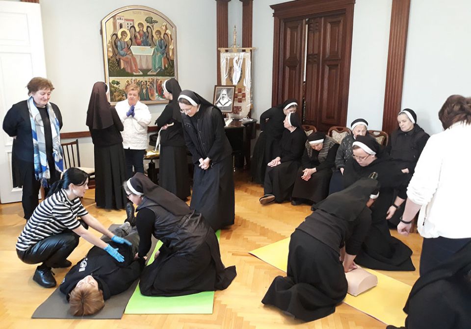 Sisters of the Order of St. Basil the Great in the provincial house in Lviv, Ukraine, participate in a first aid training session Feb. 26. (Courtesy of Sisters of St. Basil the Great)