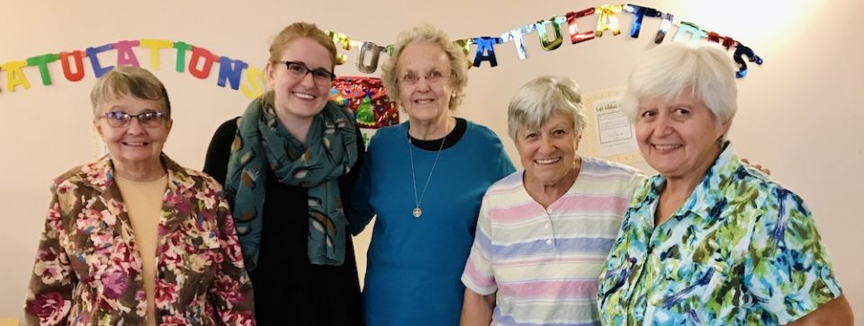 Katie Gordon, second from left, with Benedictine Sisters she lives with at Pax Priory in Erie, Pennsylvania, in September 2020 (Provided photo)