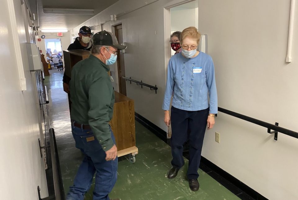 Benedictine Sr. Placida Wemhoff accompanies workers as they move furniture from the residential Annex at the Monastery of St. Gertrude, Cottonwood, Idaho, prior to starting a renovation project in October 2020. (Provided photo)