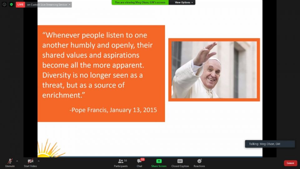 Pope Francis’ call for bridge-builders was at the heart of the Network webinar titled "Transformative Conversations to Bridge Divides," held Aug. 25. (GSR screenshot) Pope Francis’ call for bridge-builders was at the heart of the Network webinar titled "Transformative Conversations to Bridge Divides," held Aug. 25. (GSR screenshot)