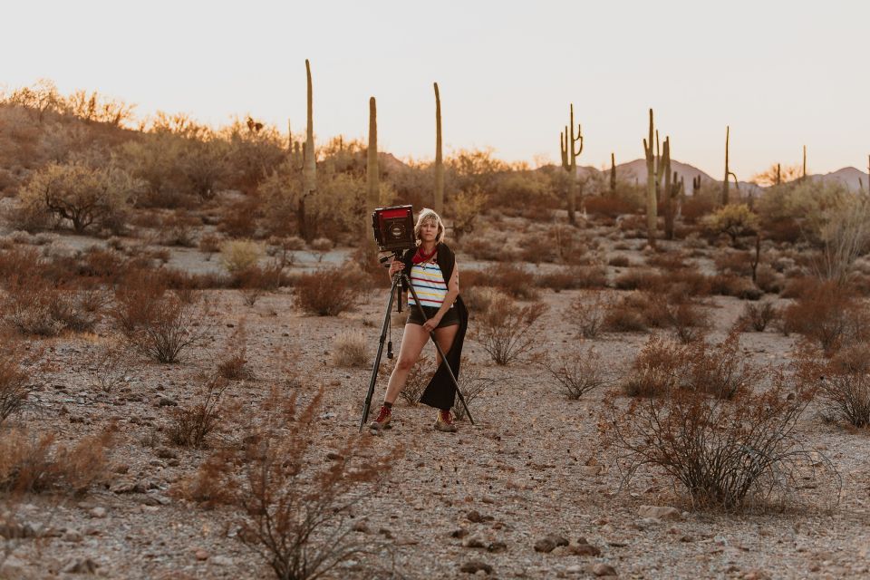 Photographer Lisa Elmaleh at Organ Pipe Cactus National Monument in Pima County, Arizona, in January 2021. Elmaleh uses her large-format 8-by-10 antique camera to create both film and tintype images. (Courtesy of Jono Melamed)