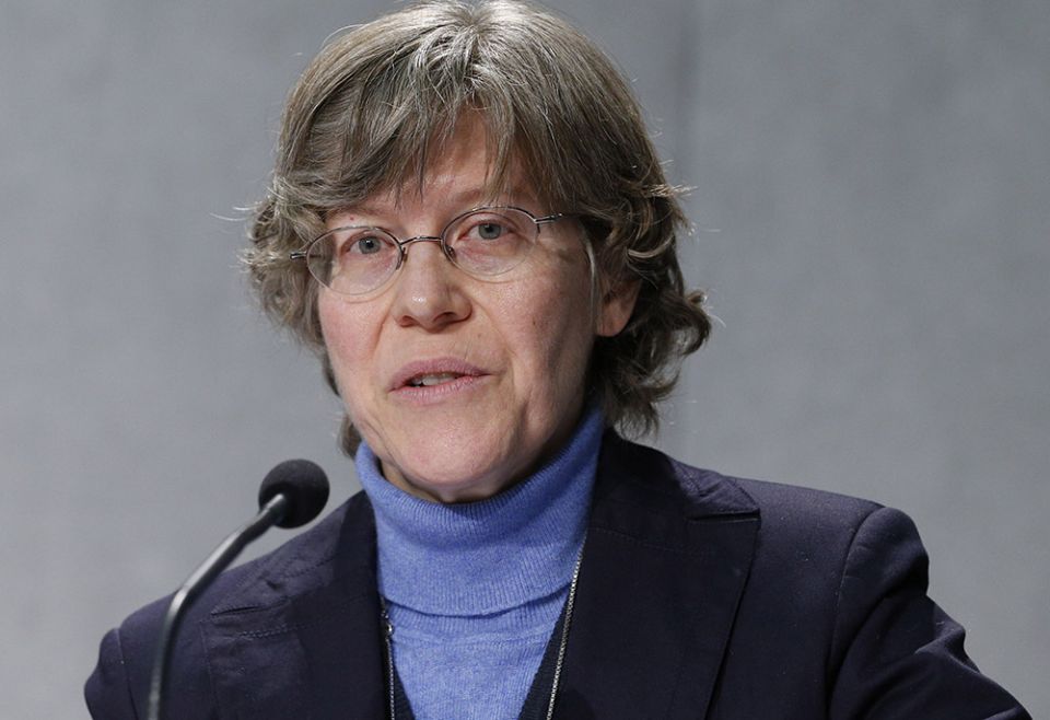 Sr. Bernadette Reis speaks at a press conference in February 2019, when she was assistant to the director of the Vatican press office. (CNS/Paul Haring)