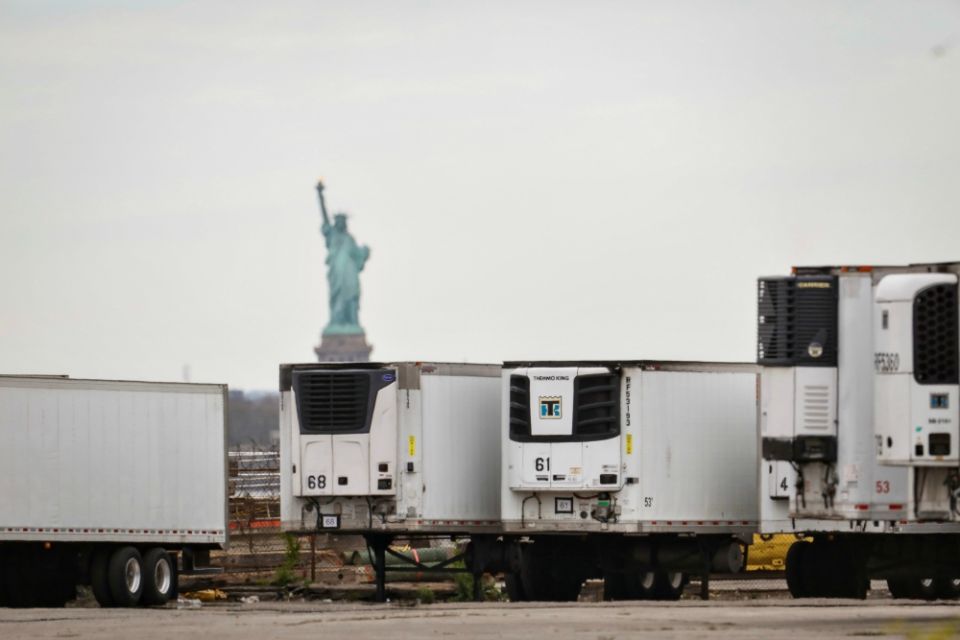 Temporary morgues in New York City are seen May 5 during the COVID-19 pandemic. (CNS / Reuters / Brendan McDermid) Temporary morgues in New York City are seen May 5 during the COVID-19 pandemic. (CNS / Reuters / Brendan McDermid)
