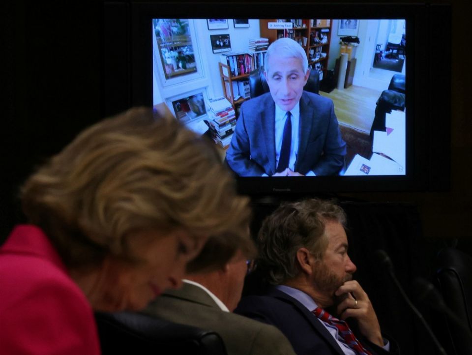 Dr. Anthony Fauci, director of the National Institute of Allergy and Infectious Diseases, speaks remotely during the Senate Committee for Health, Education, Labor and Pensions hearing in Washington May 12. (CNS/Pool via Reuters/Win McNamee)