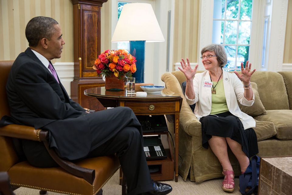 Then-President Barack Obama talks with Sr. Simone Campbell in the Oval Office May 30, 2013, at the White House. (CNS/Pete Souza, The White House)