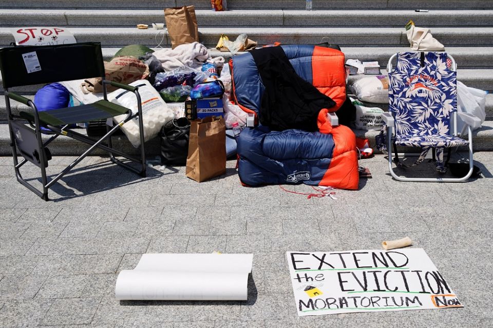 A sleeping bag is seen on the chair of U.S. Rep. Cori Bush, D-Missouri, who spent the night July 31 on the steps of the U.S. Capitol in Washington to highlight the midnight expiration of the pandemic-related federal moratorium on residential evictions.
