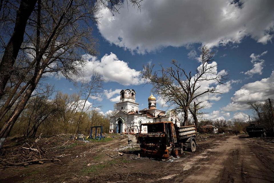 A church destroyed by Russian shelling is seen in Lukashivka, Ukraine, April 27. (CNS/Reuters/Zohra Bensemra)