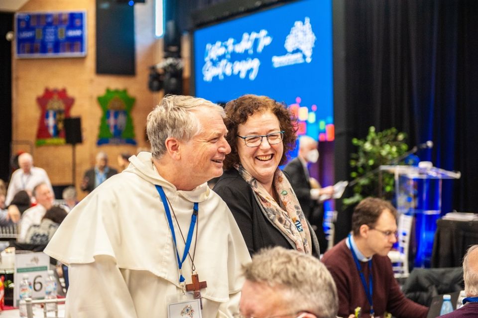 Archbishop Anthony Fisher of Sydney and Jacinta Collins, national Catholic Education Commission chair, talk during the final day of the Second Assembly of the Plenary Council of the Australian Catholic church in Sydney on July 8. (CNS/The Catholic Weekly/