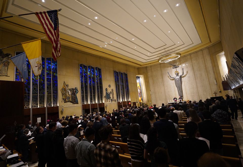 United Nations diplomats and other guests gather for a prayer service Sept. 12 at the Church of the Holy Family in New York City. (CNS/Gregory A. Shemitz) United Nations diplomats and other guests gather for a prayer service Sept. 12 at the Church of the Holy Family in New York City. (CNS/Gregory A. Shemitz)