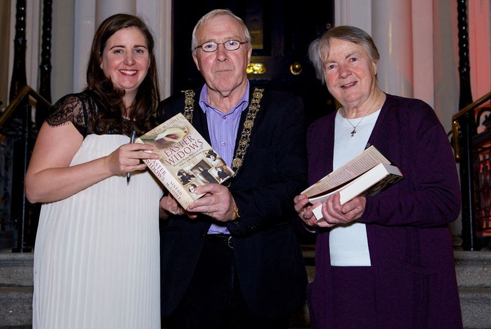 Sr. Margaret MacCurtain, right, is pictured with Sinéad McCoole (far left), historian and writer, and Lord Mayor of Dublin Christy Burke at the Mansion House, Dublin, in 2014 for the launch of McCoole's book "Easter Widows." (Lensman Photography/Sinéad Mc