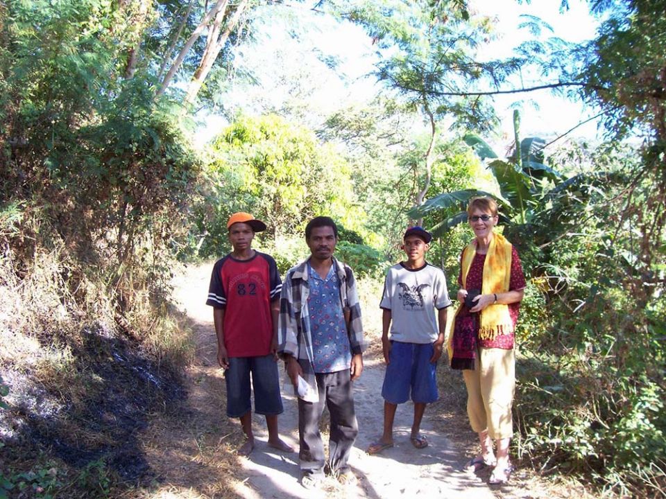 In 2002, Sr. Patricia Fox visits Remontados, Indigenous peoples whose land is threatened by a dam project in Rizal province, Philippines. (Courtesy of Patricia Fox)