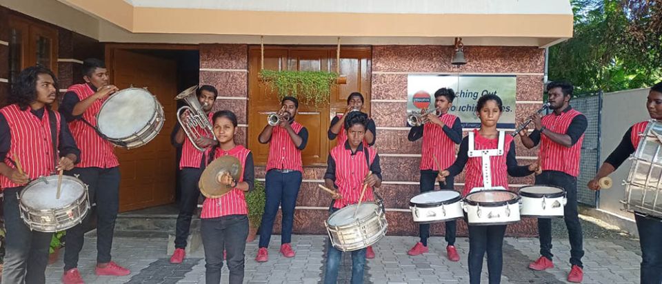 The band troupe hones their skills at the Sisters of the Destitute convent at Udaya Colony in Kochi, India. (Courtesy of Anisha Arackal)