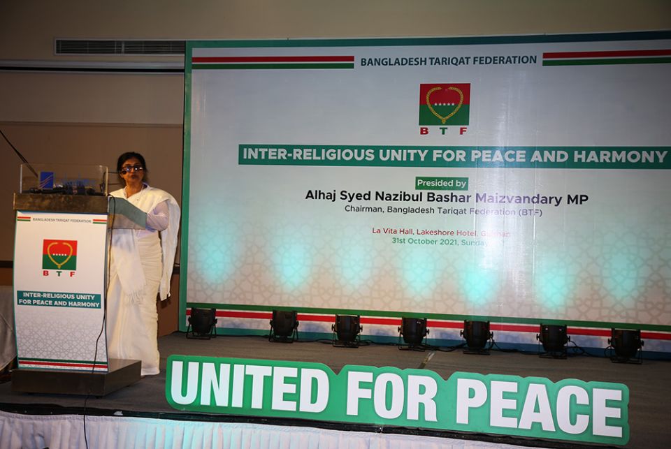 Sr. Reba Veronica D'Costa speaks in an interreligious seminar in Dhaka in late October. (GSR photo/Sumon Corraya)