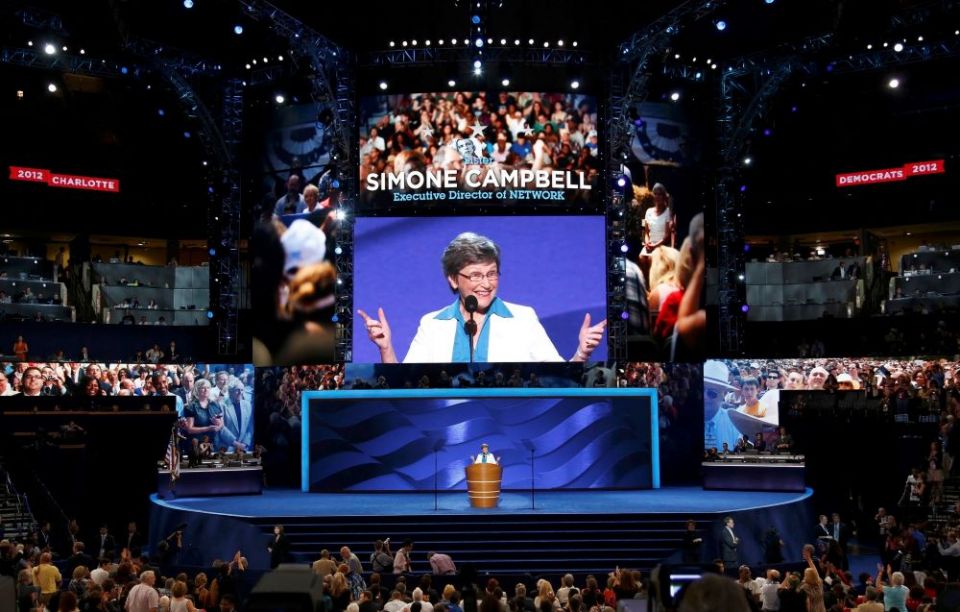 Social Service Sr. Simone Campbell, executive director of Network, addresses the September 2012 Democratic National Convention in Charlotte, North Carolina. (CNS/Reuters/Jason Reed)