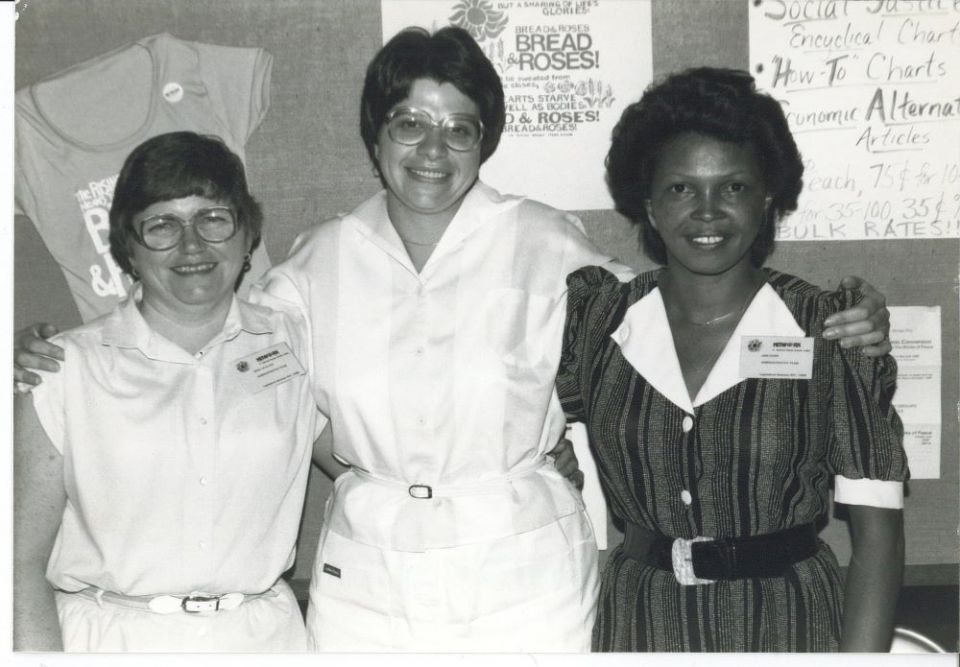 From left: Mary Jo Klick, Notre Dame de Namur Sr. Pat O'Brien, and Ann Dunn at a 1985 Network legislative seminar (Courtesy of Network Lobby for Catholic Social Justice)