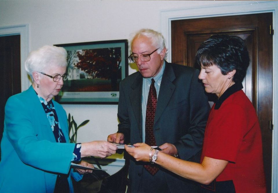 St. Joseph Sr. Catherine Pinkerton, left and Network lobbyist Mercy Sr. Anne Curtis meet with Rep. Bernie Sanders of Vermont in an undated photo. (Courtesy of Network Lobby for Catholic Social Justice)