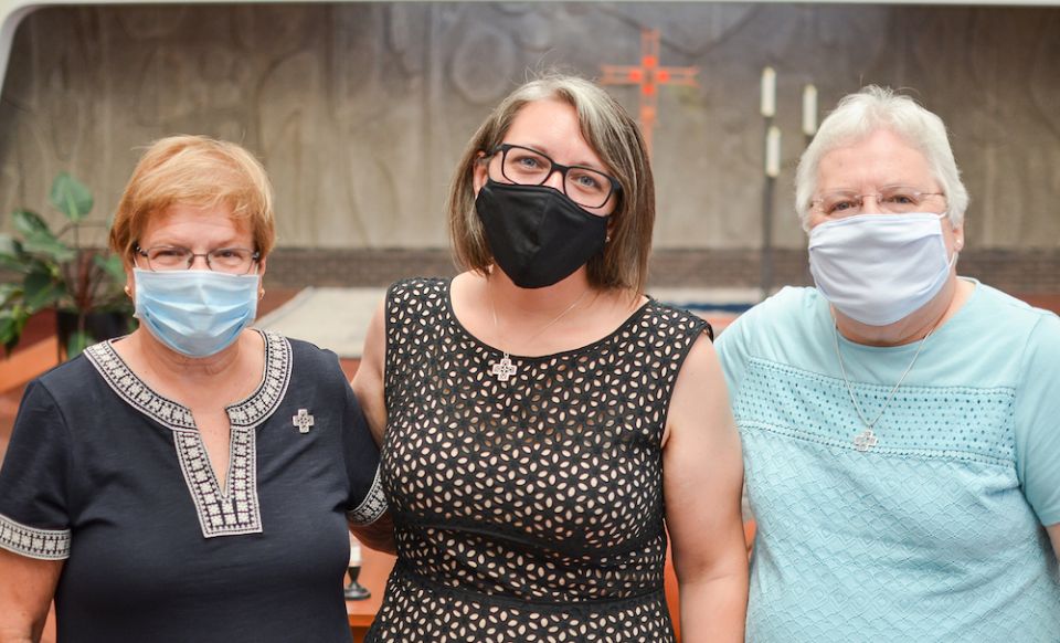 Congregation of St. Joseph sisters together for the first vows of Sr. Sarah Simmons, center, Aug. 15, 2020: Sr. Kathy Brazda, left, and Sr. Sallie Latkovich, right (Provided photo) Congregation of St. Joseph sisters together for the first vows of Sr. Sarah Simmons, center, Aug. 15, 2020: Sr. Kathy Brazda, left, and Sr. Sallie Latkovich, right (Provided photo)