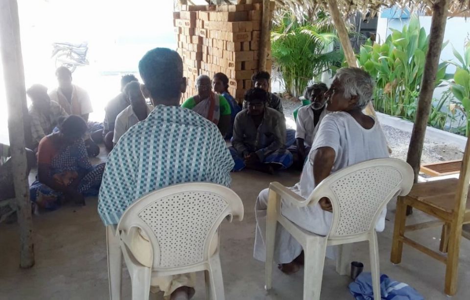 Sr. Anthonysami Alphonsa (sitting on the chair at right) at a meeting of Thurumbars, traditionally washer men and women, in the southern state of Tamil Nadu, India (Provided photo) Sr. Anthonysami Alphonsa (sitting on the chair at right) at a meeting of Thurumbars, traditionally washer men and women, in the southern state of Tamil Nadu, India (Provided photo)