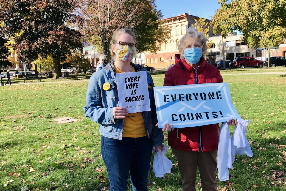 Katie Gordon, left, and Benedictine Sr. Rosanne Lindal-Hynes at a Count Every Vote rally Nov. 4, 2020, in Erie, Pennsylvania. (Provided photo) Katie Gordon, left, and Benedictine Sr. Rosanne Lindal-Hynes at a Count Every Vote rally Nov. 4, 2020, in Erie, Pennsylvania. (Provided photo)
