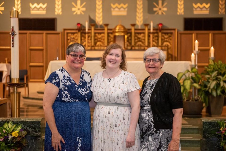 Mercy Srs. Jennifer Wilson, left, Colleen O'Toole, center, and Beth Dempsey at O'Toole's final vows in May (Courtesy of Jennifer Wilson)