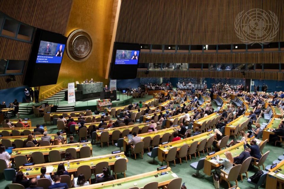United Nations Secretary-General António Guterres (on screens and at podium) addresses the opening of the July 5-15 High-Level Political Forum on Sustainable Development convened under the auspices of the Economic and Social Council at the U.N. in N.Y.