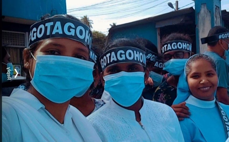 Catholic nuns wear headscarves that say, "Gota Go Home," a slogan used by the protesters in Sri Lanka. (Courtesy of Shiroma Kurumbalapitiya)
