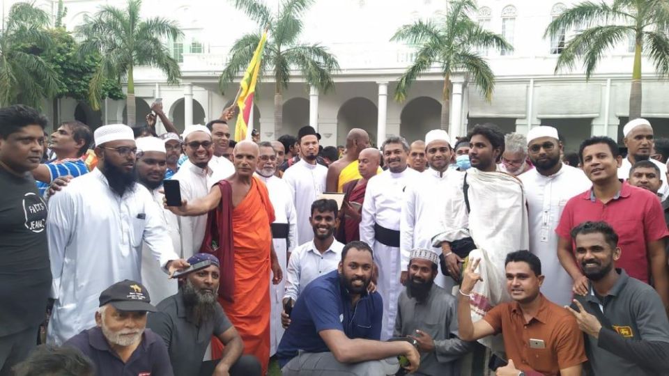 Religious leaders from Catholic, Buddhist, Muslim, and Hindu communities at the protest rally in Colombo, capital of Sri Lanka. (Courtesy of Shiroma Kurumbalapitiya)