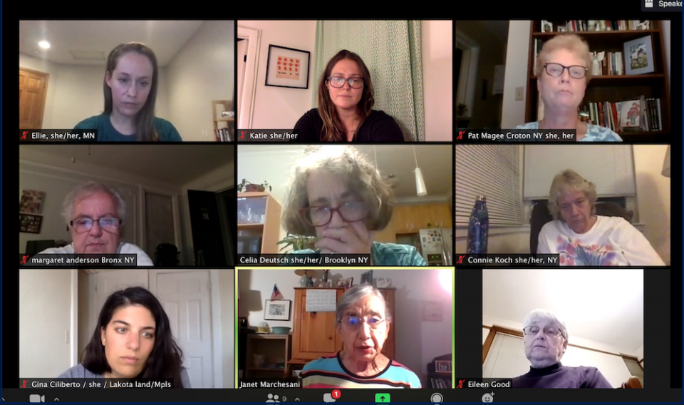 Screenshot of a Zoom-based Nuns and Nones New York group meeting, showing Katie Killpack at top, center on Sept. 28. The theme was "Seeking Justice: How are people taking action? How can others join them?" (Provided screenshot)