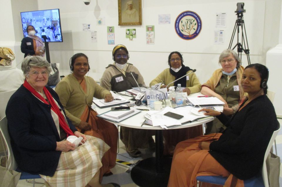 Participating in a general chapter discussion are, from left, Ursuline Sisters of Tildonk Jane Quinlan, Maria S. Kujur, Espérance Hamuli, Rajni Tigga, Lea Cools and Bridgit Soreng. (Courtesy of Ursuline Sisters of Tildonk)