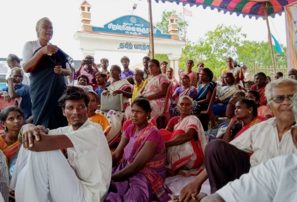 Sr. Anthonysami Alphonsa, standing, addresses a meeting of Dalits in Tamil Nadu, southern India. (Provided photo)