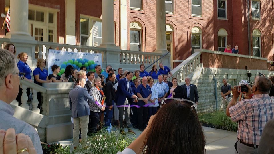 Arista Recovery officials and local dignitaries cut the ribbon Aug. 31 on the new rehabilitation facility for those recovering from drug and alcohol addictions in what had been the Ursuline Sisters motherhouse in Paola, Kansas. (GSR photo/Michele Morek)
