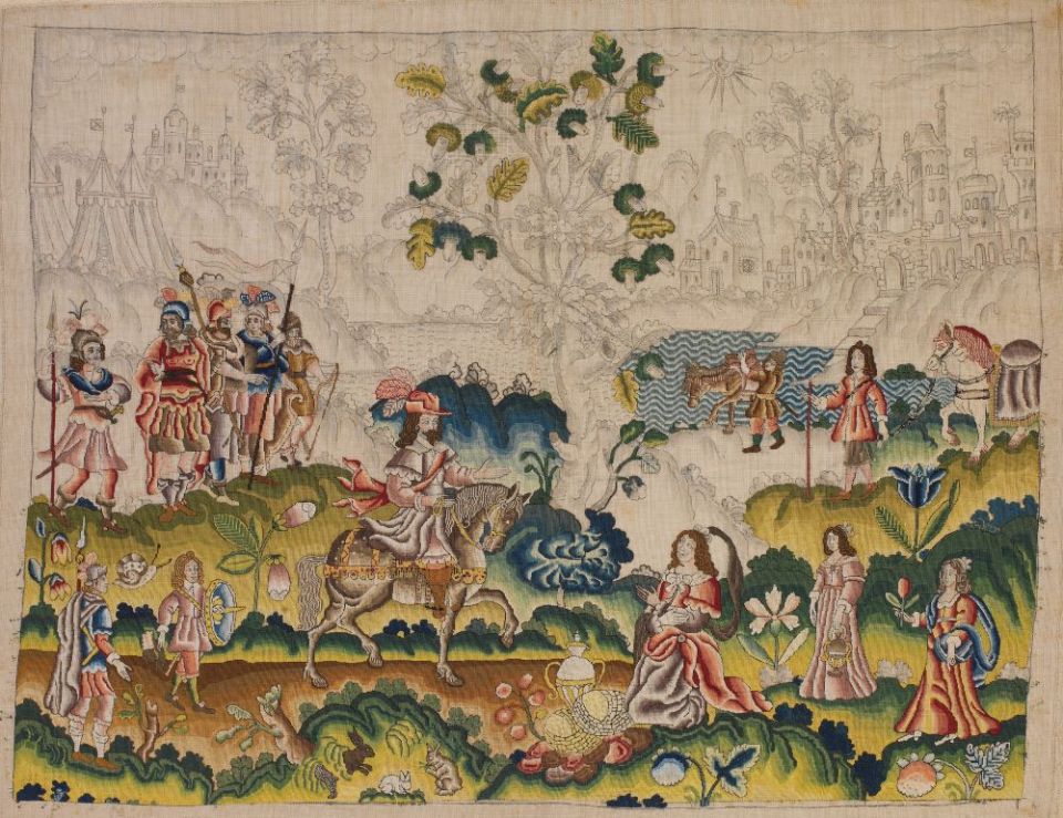 This mid-17th century British textile (linen embroidered with silk thread) depicts David and Abigail, whose story is told in the Hebrew Bible's 1 Samuel. (Metropolitan Museum of Art)