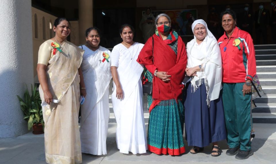 Holy Cross Sr. Shikha Laetitia Gomes, third from left, with education minister Dipu Moni, fourth from left, and other teachers of Holy Cross College in Dhaka, Bangladesh (Courtesy of Shikha Laetitia Gomes)