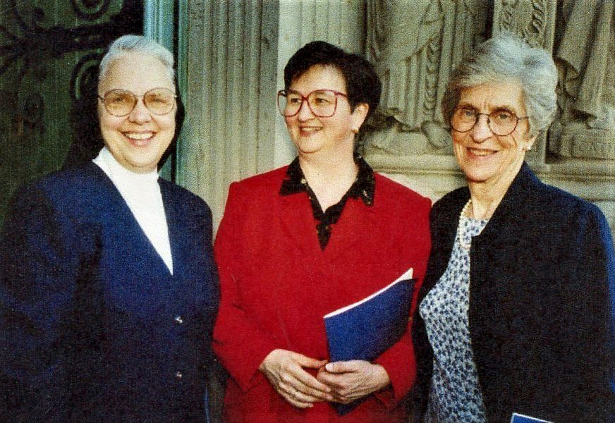From left: Sr. Amata Miller, Sr. Andrea Lee and Sr. Margaret Brennan in front of the Our Lady of Victory Chapel at St. Catherine University in St. Paul, Minnesota, in the early 2000s (Courtesy of the Sisters, Servants of the Immaculate Heart of Mary)