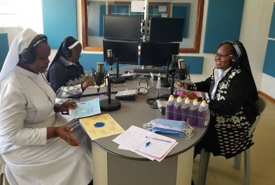 Dominican Sr. Astridah Banda, right, and other sisters get ready for the COVID-19 program on Radio Maria: Yatsani Voice in Lusaka, Zambia. Dominican Sr. Astridah Banda, right, and other sisters get ready for the COVID-19 program on Radio Maria: Yatsani Voice in Lusaka, Zambia.