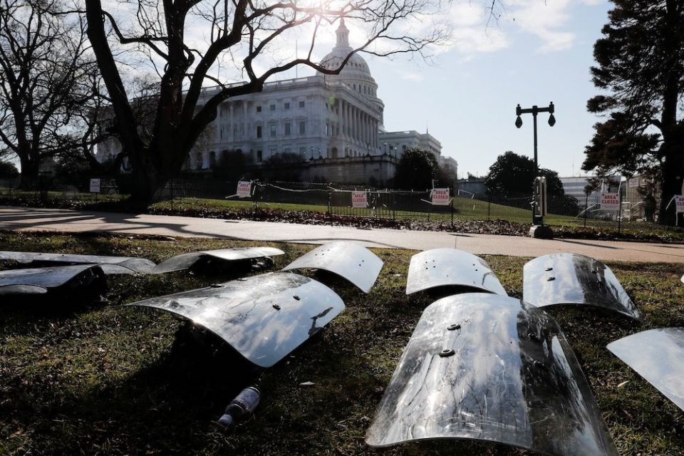 National Guard riot shields are seen outside the U.S. Capitol in Washington Jan. 13, 2021. (CNS/Reuters/Jim Bourg)