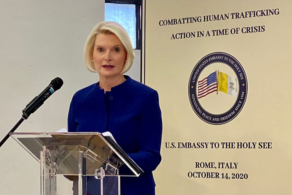 Callista Gingrich, the U.S. ambassador to the Holy See, speaks Oct. 14 at "Combating Human Trafficking: Action in a Time of Crisis," a symposium sponsored by the U.S. Embassy to the Holy See and held at the International Union of Superiors General in Rome