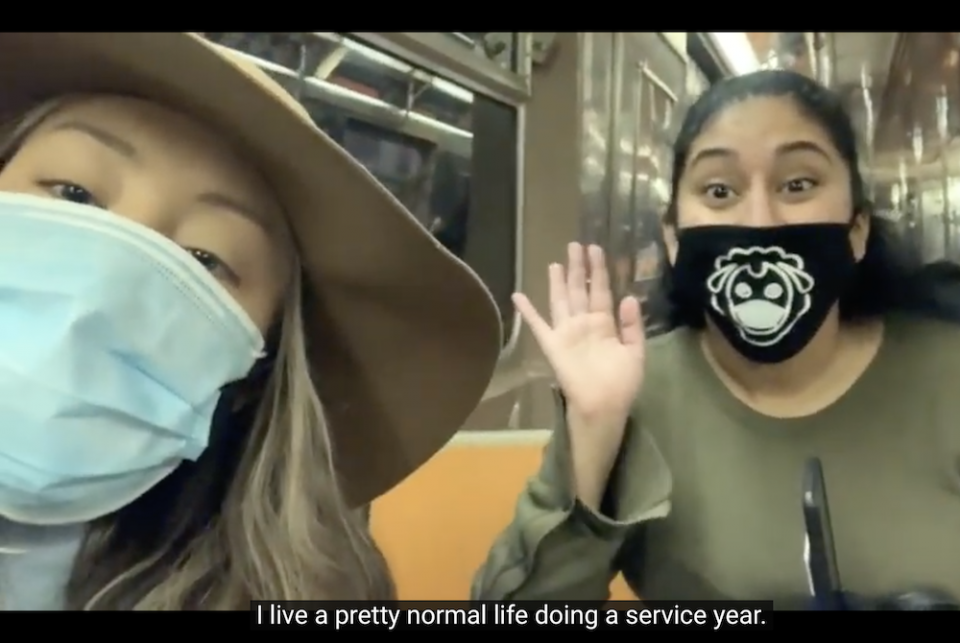 Celina, left, and one of her two Good Shepherd Volunteers community members, Elisabeth, on the subway in New York City where they volunteer. (NCR screenshot/Celina Kim Chapman)