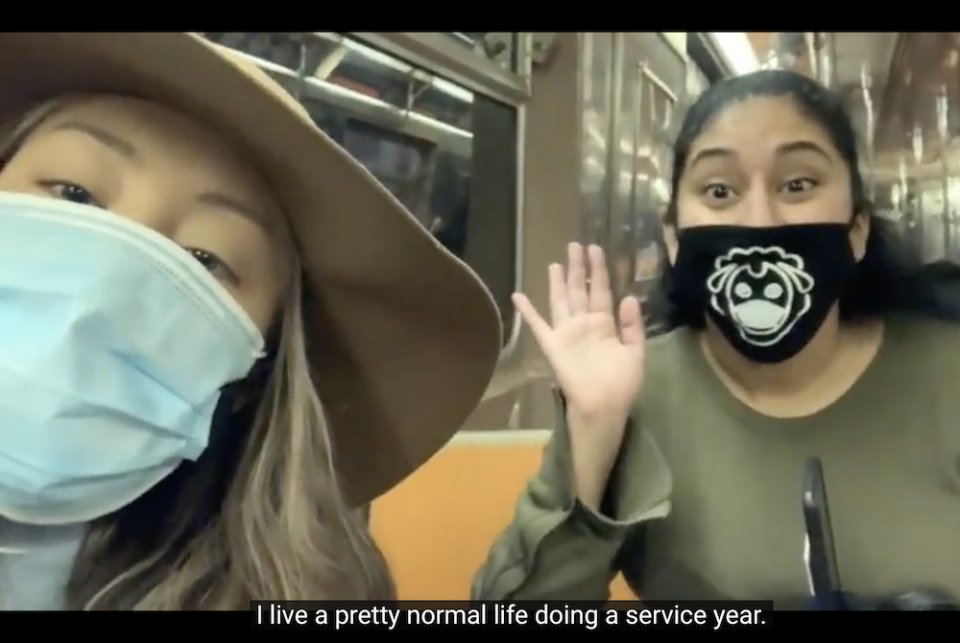 Celina, left, and one of her two Good Shepherd Volunteers community members, Elisabeth, on the subway in New York City where they volunteer. (NCR screenshot/Celina Kim Chapman) Celina, left, and one of her two Good Shepherd Volunteers community members, Elisabeth, on the subway in New York City where they volunteer. (NCR screenshot/Celina Kim Chapman)