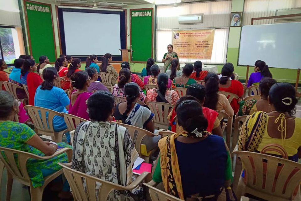 Sr. Christin Mary, a member of the Missionary Sisters of the Immaculate Heart of Mary and a coordinator of the National Domestic Workers' Movement, speaks to a class for a group of domestic workers and their supporters in the western Indian city of Mumbai