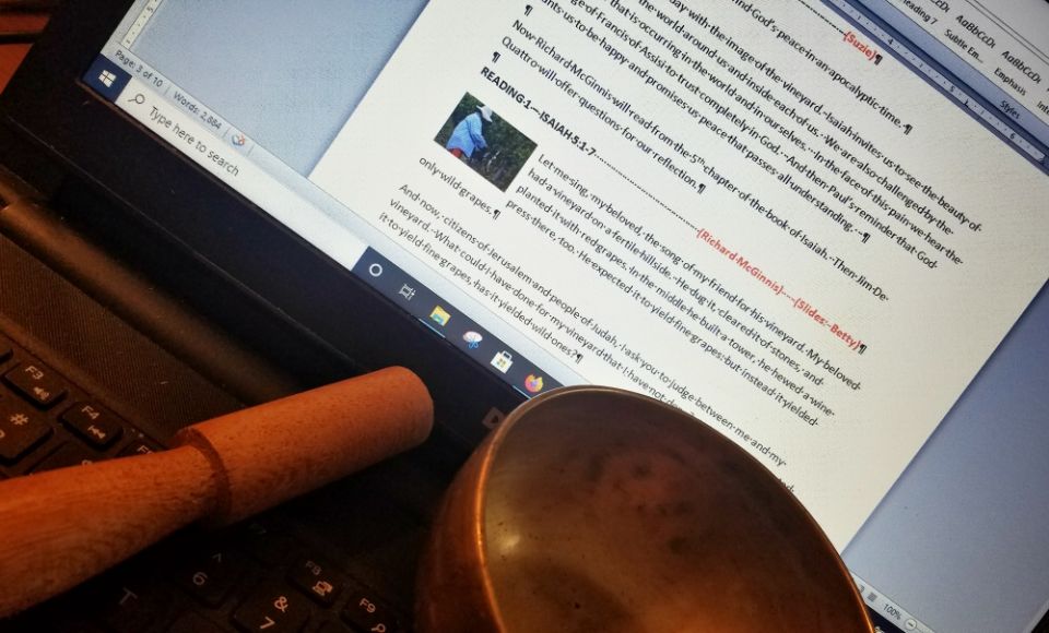 The script for speakers and those with musical roles at Solidarity with Sisters' Oct. 4 gathering, with the singing bowl the group uses to end silences (Betty D. Thompson) The script for speakers and those with musical roles at Solidarity with Sisters' Oct. 4 gathering, with the singing bowl the group uses to end silences (Betty D. Thompson)