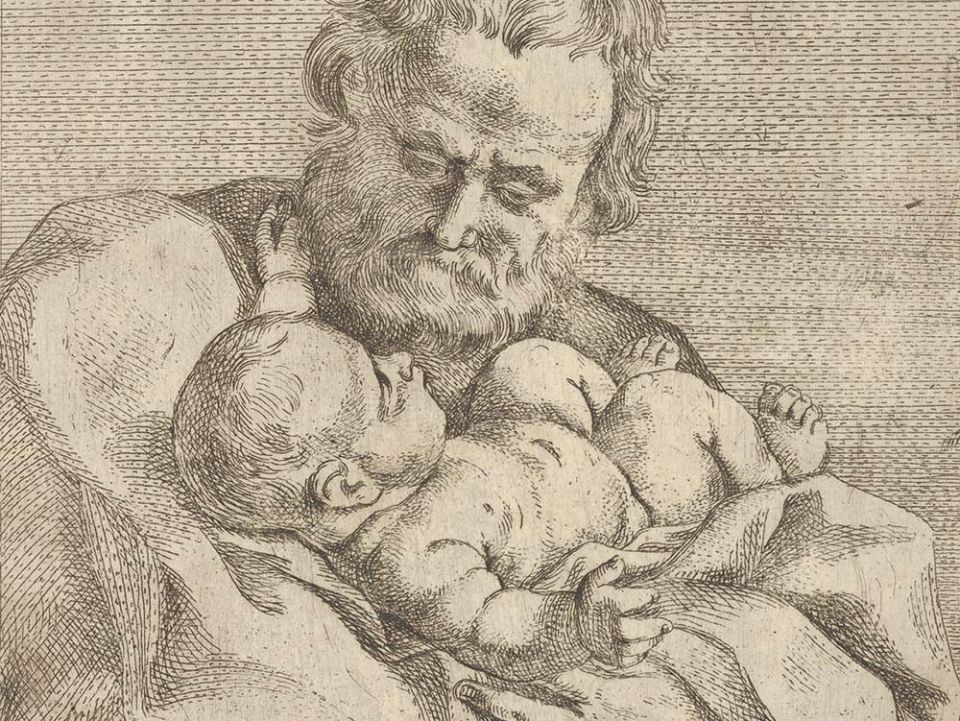 Detail of a 17th-century etching depicting St. Joseph holding the infant Christ, after a painting by Guido Reni (Metropolitan Museum of Art)