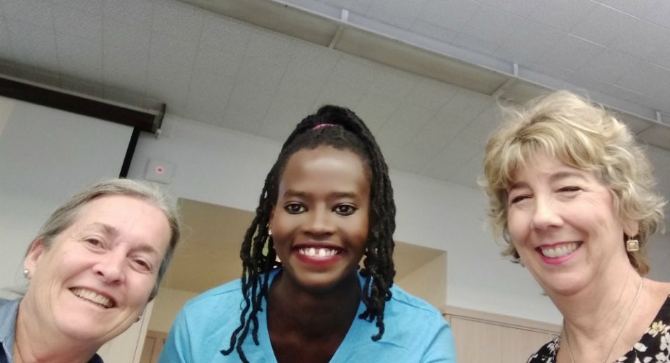 From left: fellow letter-writers Theresa Beard, Honorine Uwimana and Jill Loucks on the Sept. 28 day of service. They wrote letters to local and federal legislators. (Honorine Uwimana) From left: fellow letter-writers Theresa Beard, Honorine Uwimana and Jill Loucks on the Sept. 28 day of service. They wrote letters to local and federal legislators. (Honorine Uwimana)