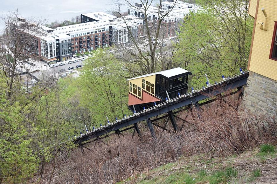 The House of Discernment community rode a small train that transports passengers up the Monongahela Incline in Pittsburgh, allowing for a view of the Pittsburgh skyline from Mount Washington. (Julie A. Ferraro)